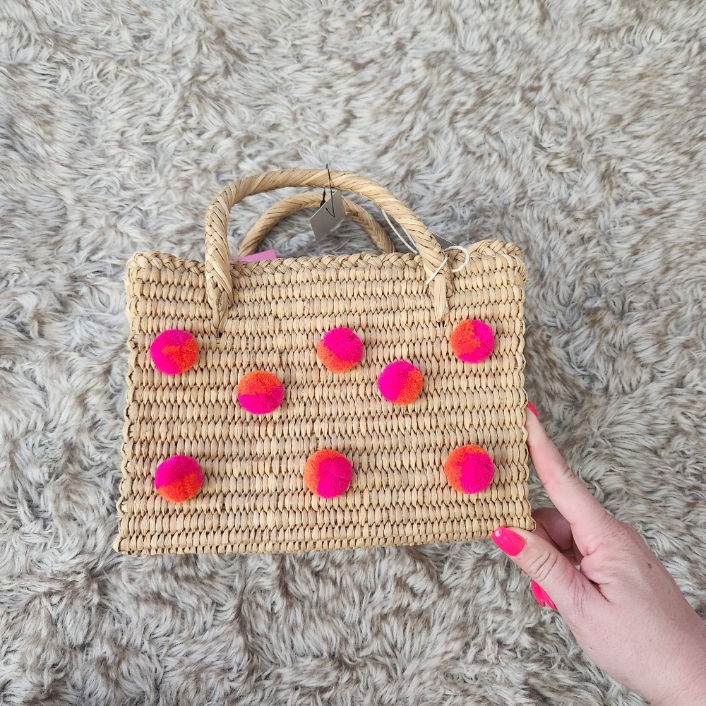 Nannacay Baby Maldives Pom Pom Embellished Woven Raffia Tote Neutral